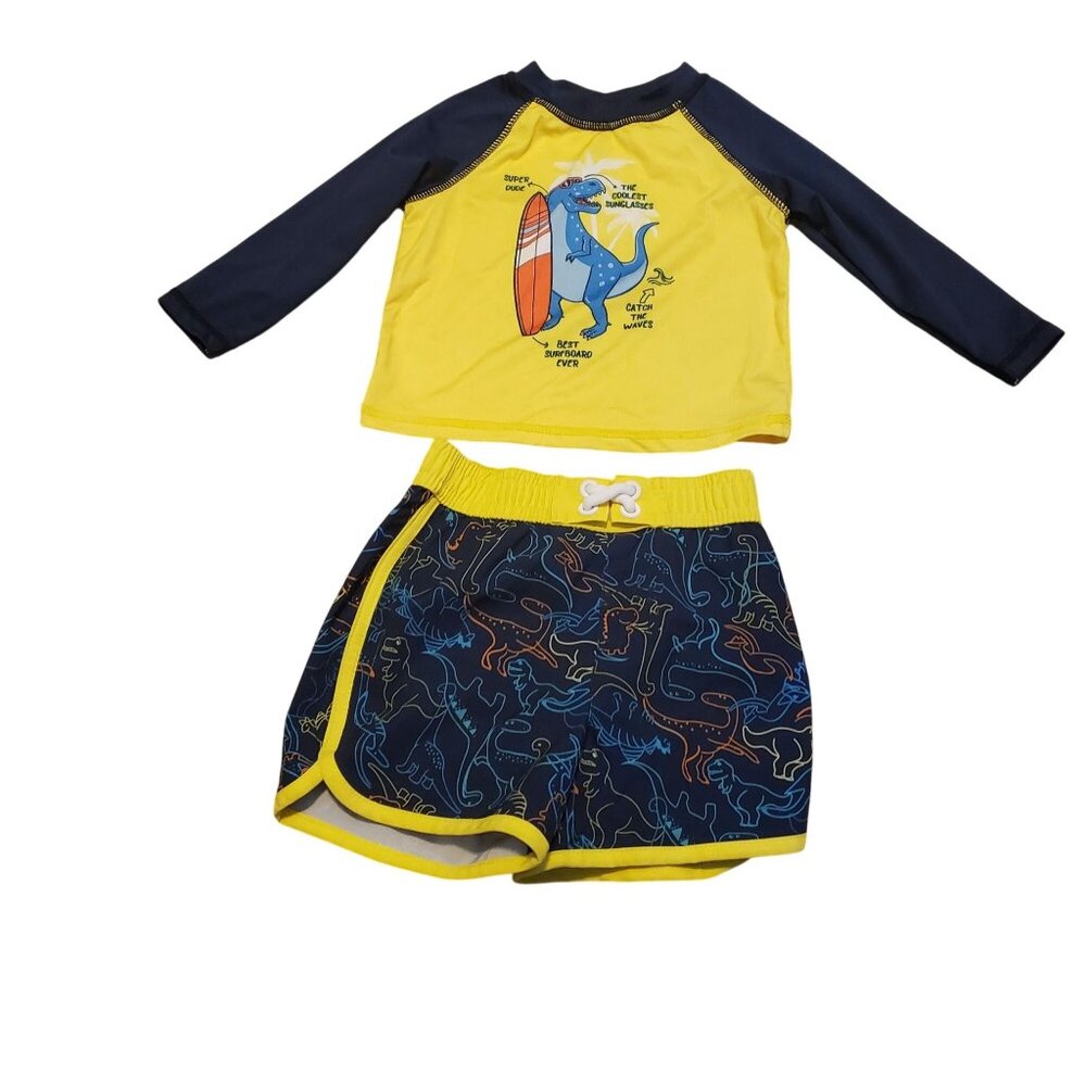 Yellow & Navy Dinosaur Baby Swim Set With Long Sleeve Rash Guard & Shorts Size 6